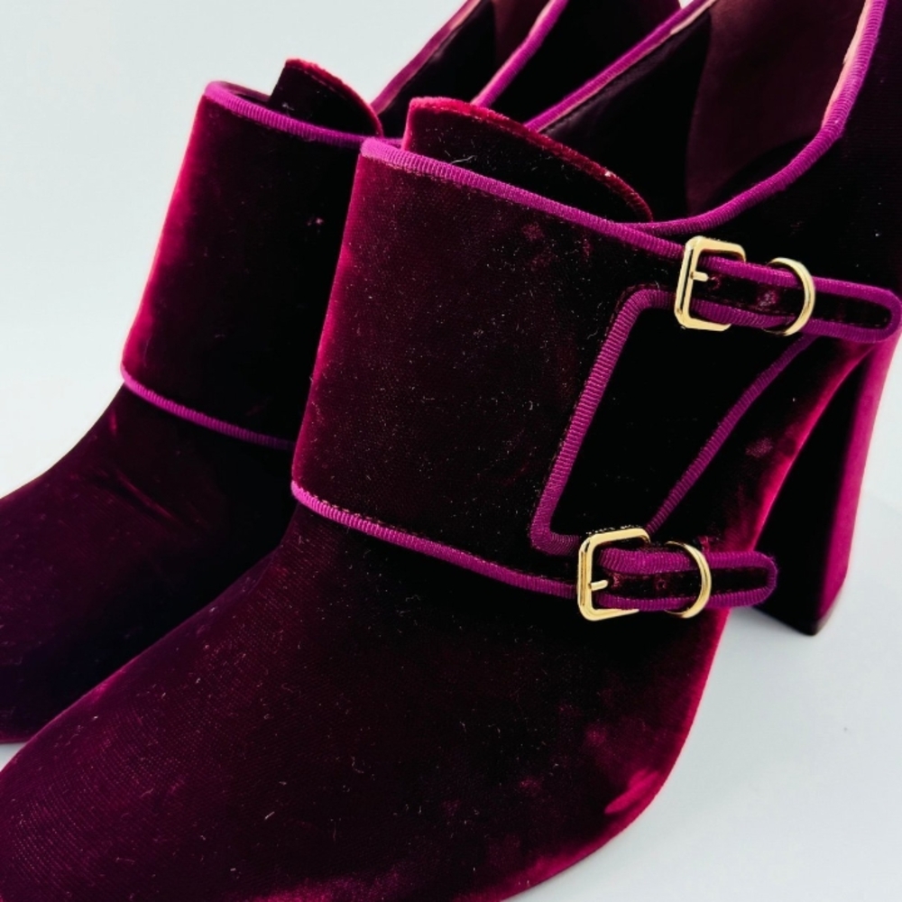 Tory Burch Burgundy Velvet Double Monk Strap Heels Size 11 Block Heel Luxe - Picture 4 of 6